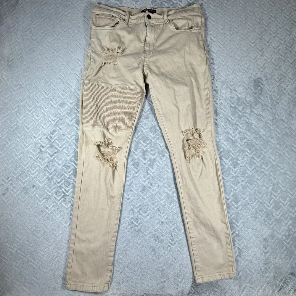 Saint Morta Men's Index Distressed Biker Jeans Sz 36x31 Moto Ripped Beige Khaki